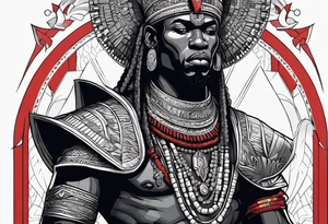 An african god, a warrior, that uses a sword and a silver crown. He also uses blue and red necklaces tattoo idea