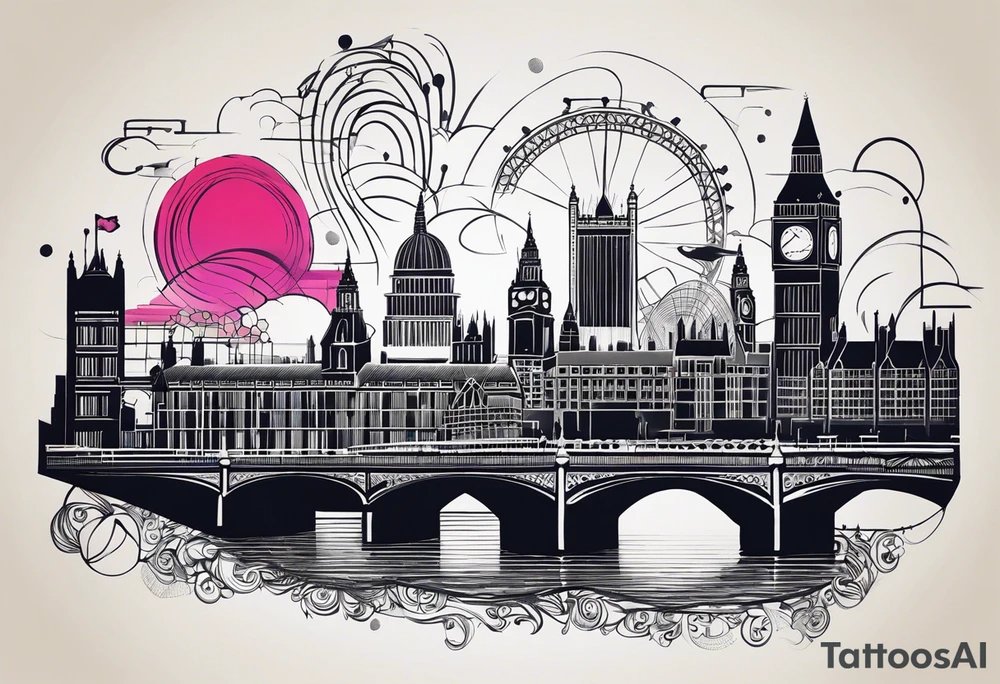 A minimalistic, abstract design capturing the architectural essence and vibe of London. Key elements of London’s skyline and structure are hinted at with clean lines, and subtle detailing includes personal touches, like a nod to Feid’s signature look (hat, glasses, mustache), integrated discreetly to honor a memorable concert experience. tattoo idea