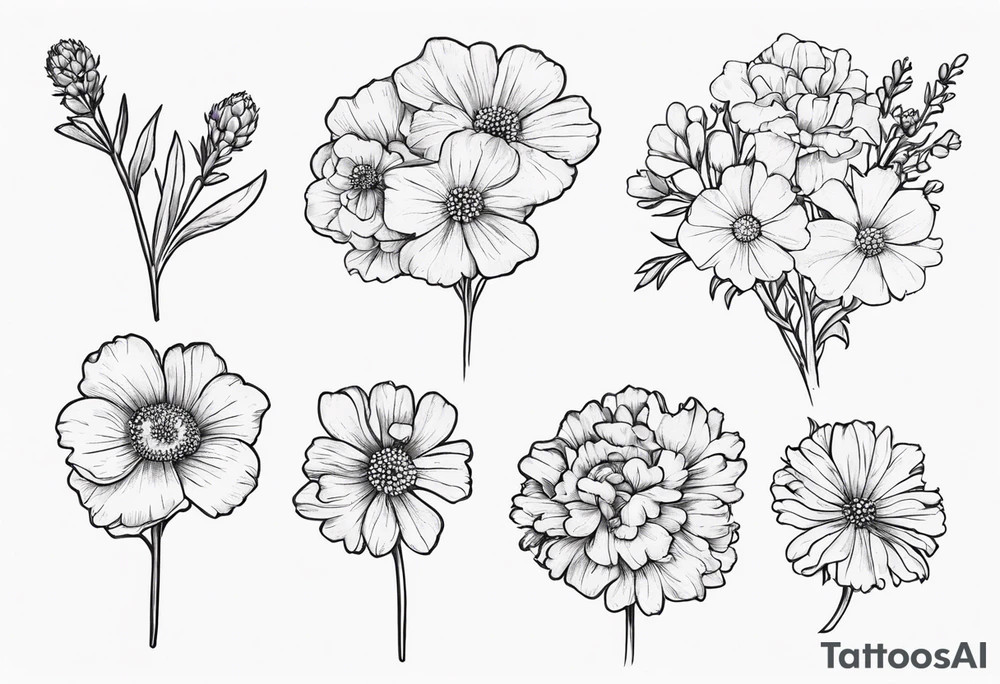 a simplistic bouquet of forget me not flowers, carnation flowers, and aster flowers with a stem that goes into the phrase “papa 09/17/52 - 01/17/24” tattoo idea