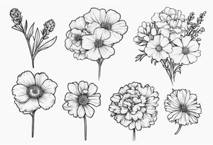 a simplistic bouquet of forget me not flowers, carnation flowers, and aster flowers with a stem that goes into the phrase “papa 09/17/52 - 01/17/24” tattoo idea