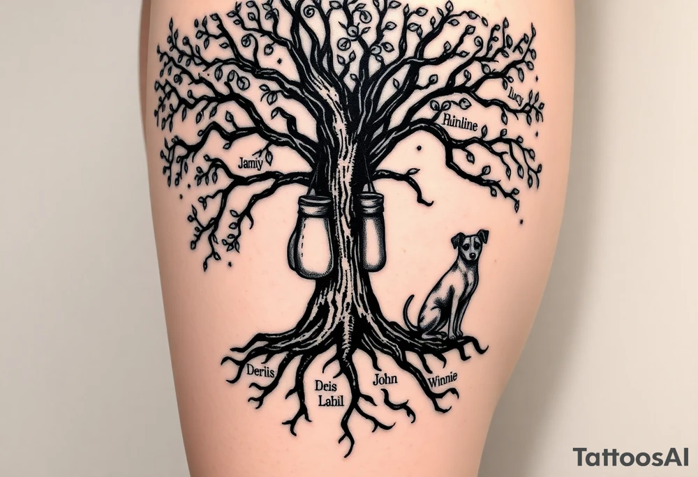 Hippy beech tree full of life. 
Jamie, Derek, Iris, John, bill, Winnie names in the roots, Mavis, Garhi, Mickey, Pam, Lucy, in the branches at the top. Names can be in Hebrew. 
Three dogs a Rhodesian Ridgeback, King Charles cavalier and chihuahua. 
Prett, feminine ornate. Boxing gloves hanging from tree tattoo idea