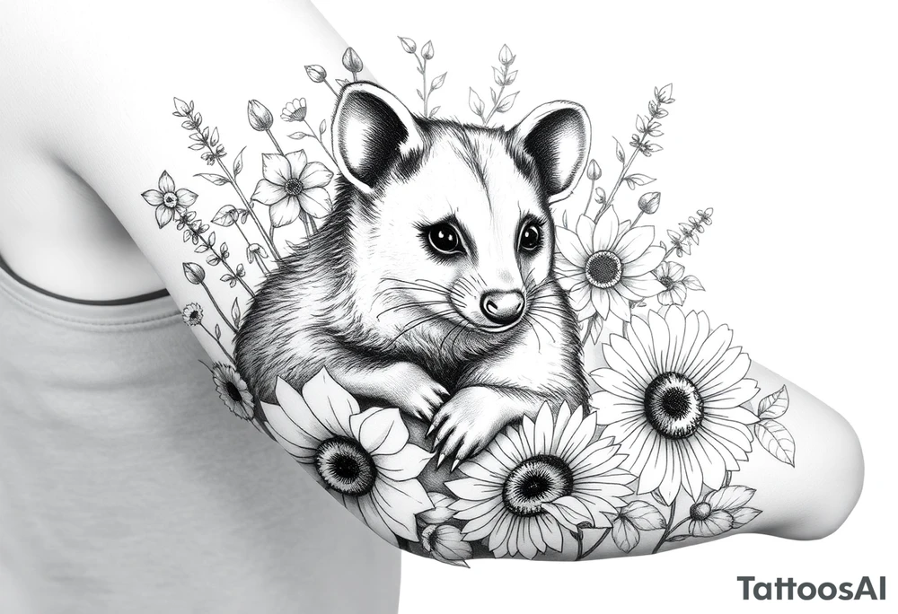 Sweet opossum with doe eyes surrounded by hellebores, lantana, foxglove and sunflowers with shading tattoo idea