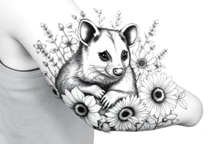 Sweet opossum with doe eyes surrounded by hellebores, lantana, foxglove and sunflowers with shading tattoo idea