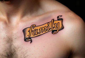 Family Banner Tattoo – The word "family" across a scroll banner, with gold and black shading for an old-fashioned, royal design. tattoo idea