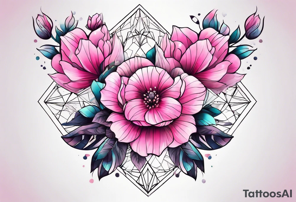 Pink flowers with geometric pattern tattoo idea