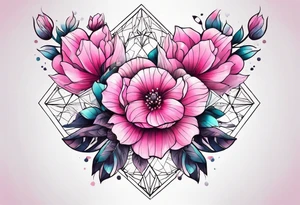 Pink flowers with geometric pattern tattoo idea