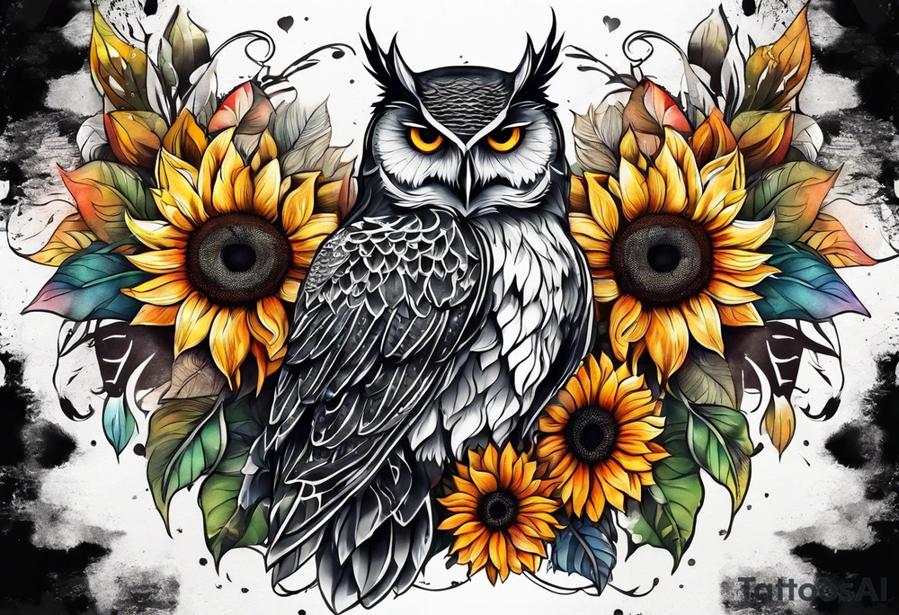 Leg sleeve with colorful sunflowers and an owl tattoo idea