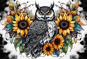 Leg sleeve with colorful sunflowers and an owl tattoo idea