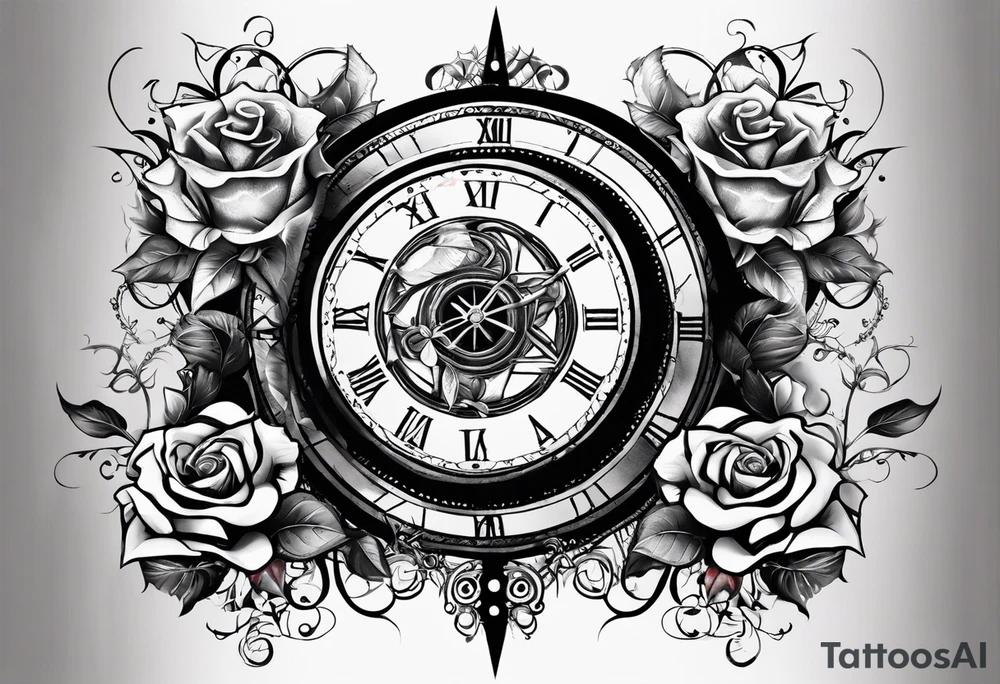 I want a design for printing on t-shirts, the design is an hourglass with a hand clock in the middle with Amazigh numbers, and these two main elements are mixed with thorny roses and planets tattoo idea