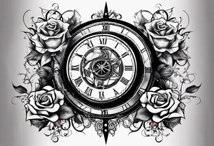 I want a design for printing on t-shirts, the design is an hourglass with a hand clock in the middle with Amazigh numbers, and these two main elements are mixed with thorny roses and planets tattoo idea