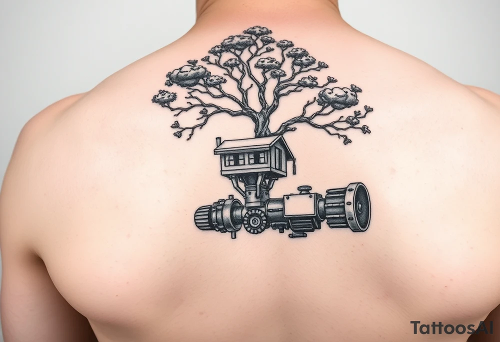 tree grown into an engine steam punk floating through the sky, machine is a home and a flying machine tattoo idea