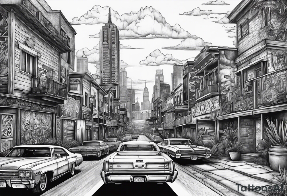 Chicano style 
city dayof dead
skyline



shootout tattoo idea