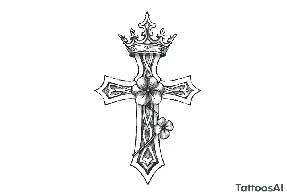 a small celtic cross with a crown and a clover tattoo idea