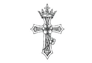 a small celtic cross with a crown and a clover tattoo idea