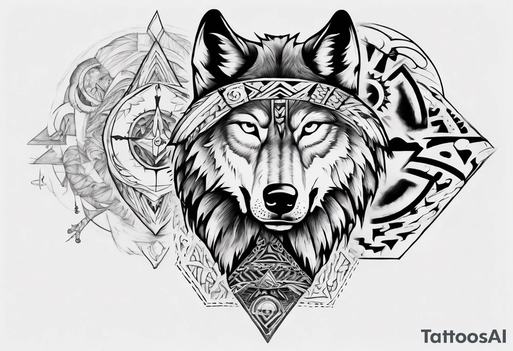 want a half sleeve on my left forearm featuring a side profile of wolf with a vegvisir for its eye, surrounded by Māori patterns tattoo idea
