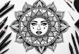 Traditional sun with feminine eyes and lips shading around edges tattoo idea