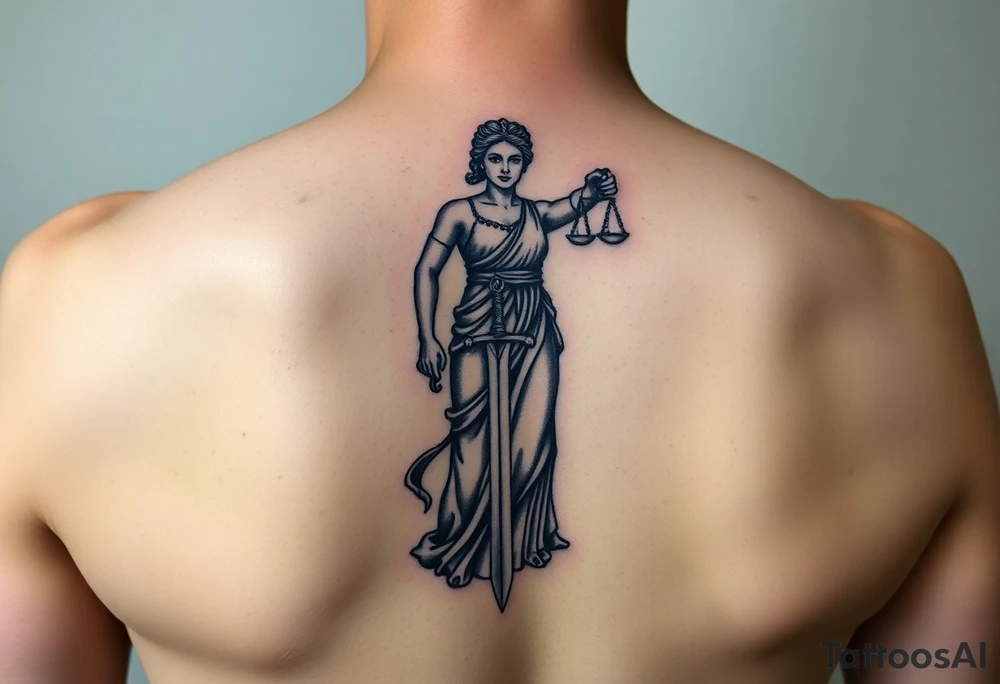 Neotraditional Lady Justice tattoo, forearm placement, vivid colors, sword facing down, regal tattoo idea