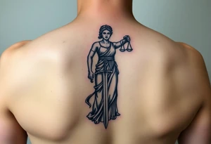 Neotraditional Lady Justice tattoo, forearm placement, vivid colors, sword facing down, regal tattoo idea