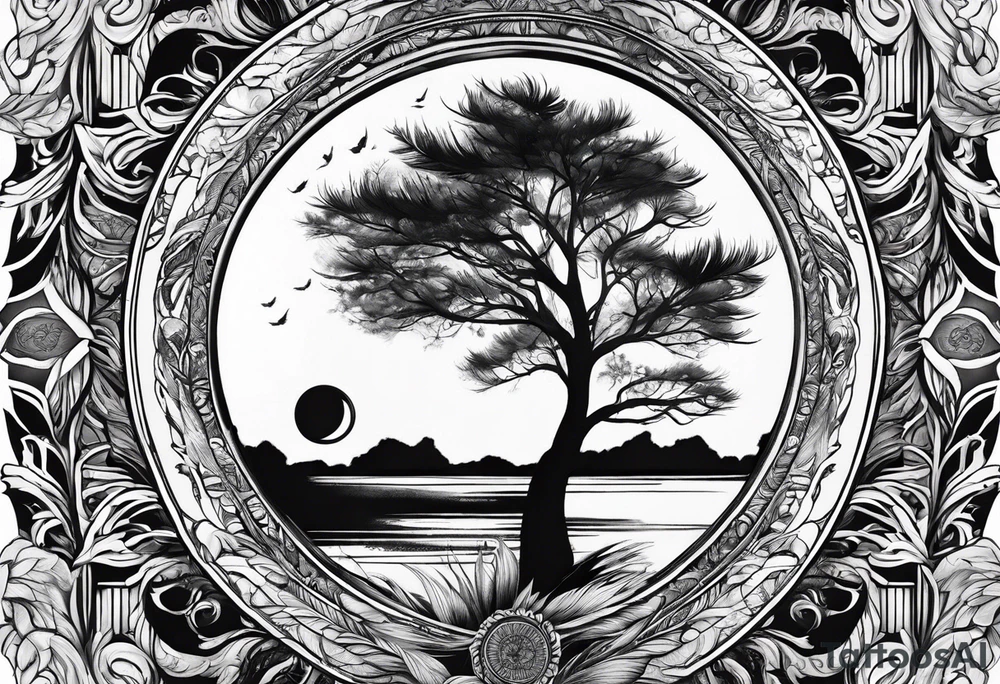 tattoo drawing of a feather with a circle of life tree inside tattoo idea