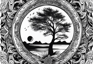 tattoo drawing of a feather with a circle of life tree inside tattoo idea