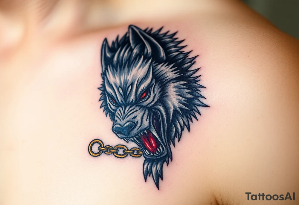 Fenrir, the monstrous wolf, breaking free from golden chains, his fur a mix of silver and deep shadowy black, eyes glowing blood-red tattoo idea