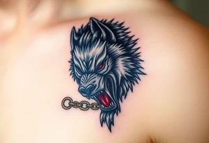 Fenrir, the monstrous wolf, breaking free from golden chains, his fur a mix of silver and deep shadowy black, eyes glowing blood-red tattoo idea