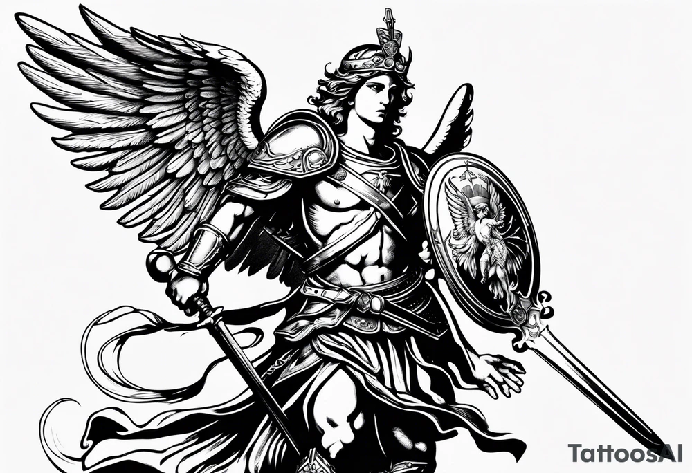 image of st michael the archangel with sword and shield slAYING A DEMON tattoo idea