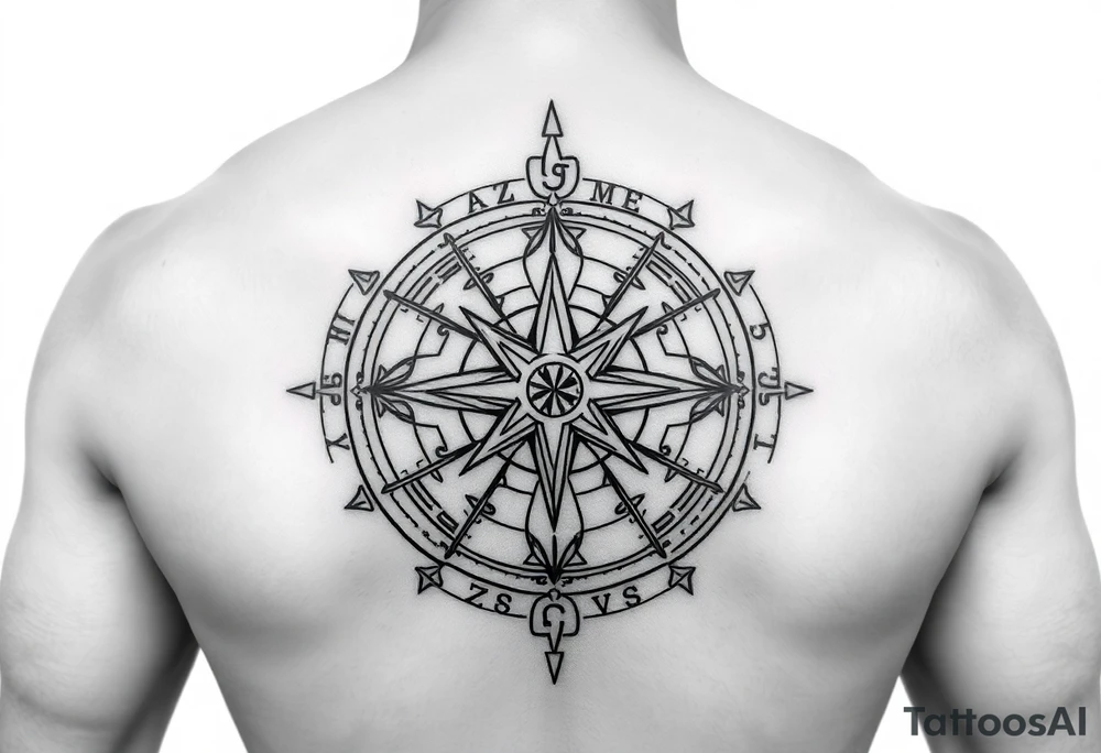 Create a line work Viking compass using symbols for protection, wisdom, and knowledge from both the Aztec and Viking cultures. Make the image very simple and able to print. Outline only not a lot of thick black use Elder Futhark runes for protection, wisdom, and luck. Use Elder futhark runes. tattoo idea