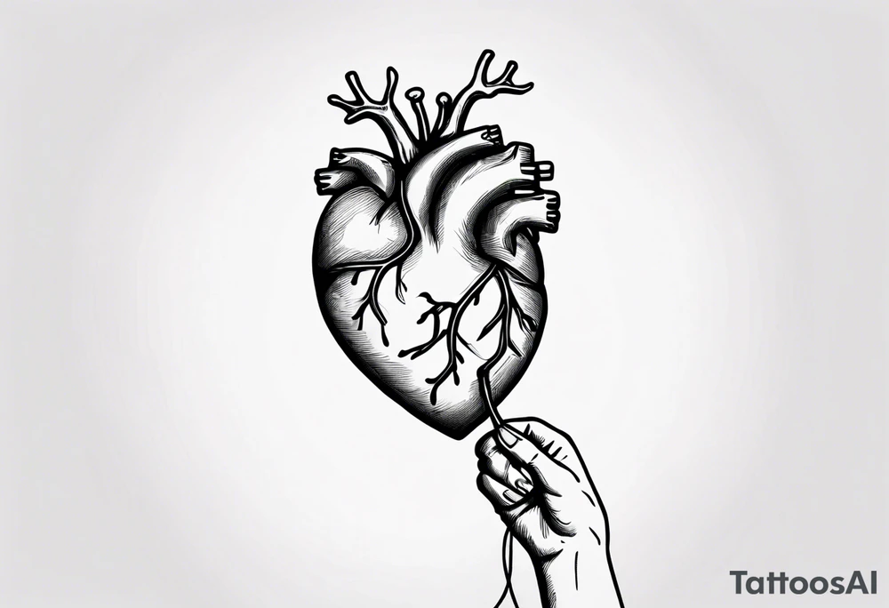 A simple line design anatomical heart and anatomical brain tied with balloon string being held by a woman's hand tattoo idea