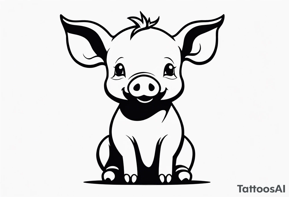 cute piglet sitting on bum. thin lines minimal shading, black and white only, with text "friends not food", white background tattoo idea