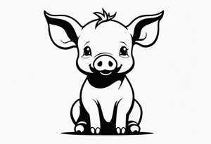 cute piglet sitting on bum. thin lines minimal shading, black and white only, with text "friends not food", white background tattoo idea