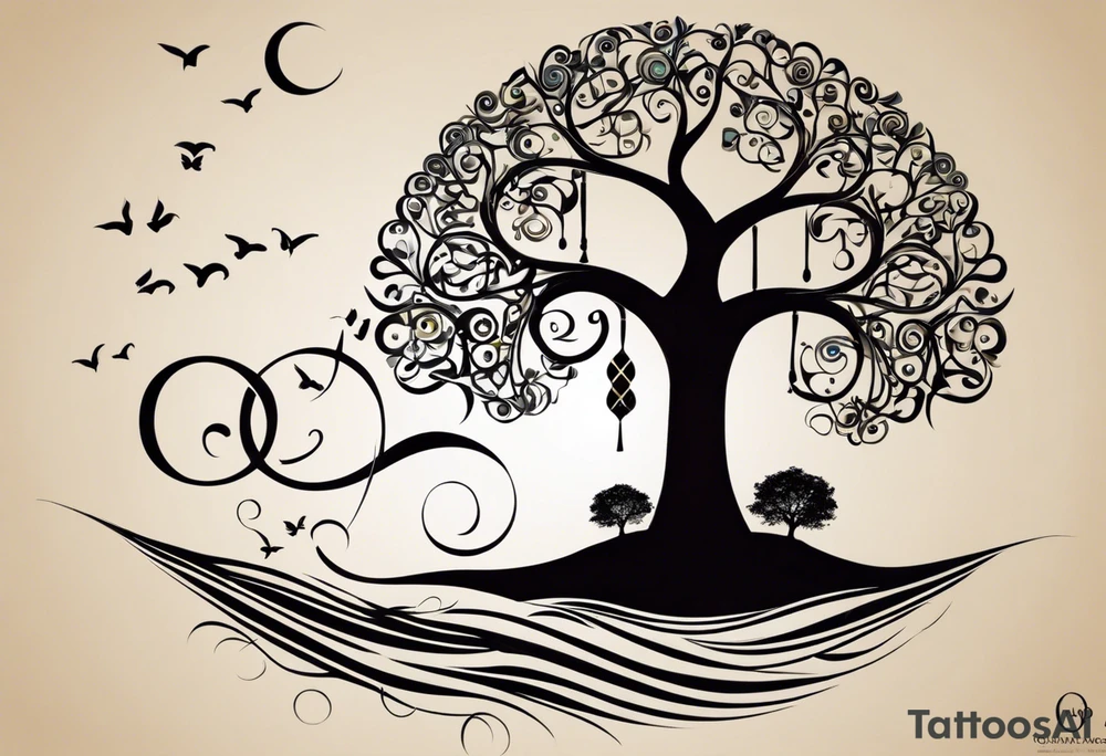 A tattoo design that incorporates the following elements: an abstract tree of life that has roots emerging  from the ground. Waves of water wrap around the tree in a non symmetrical design.  Incorporate musical notes into the tree. the letters U and A are overlapping and engraved into the tree. A golf flag incorporated but not prominent tattoo idea