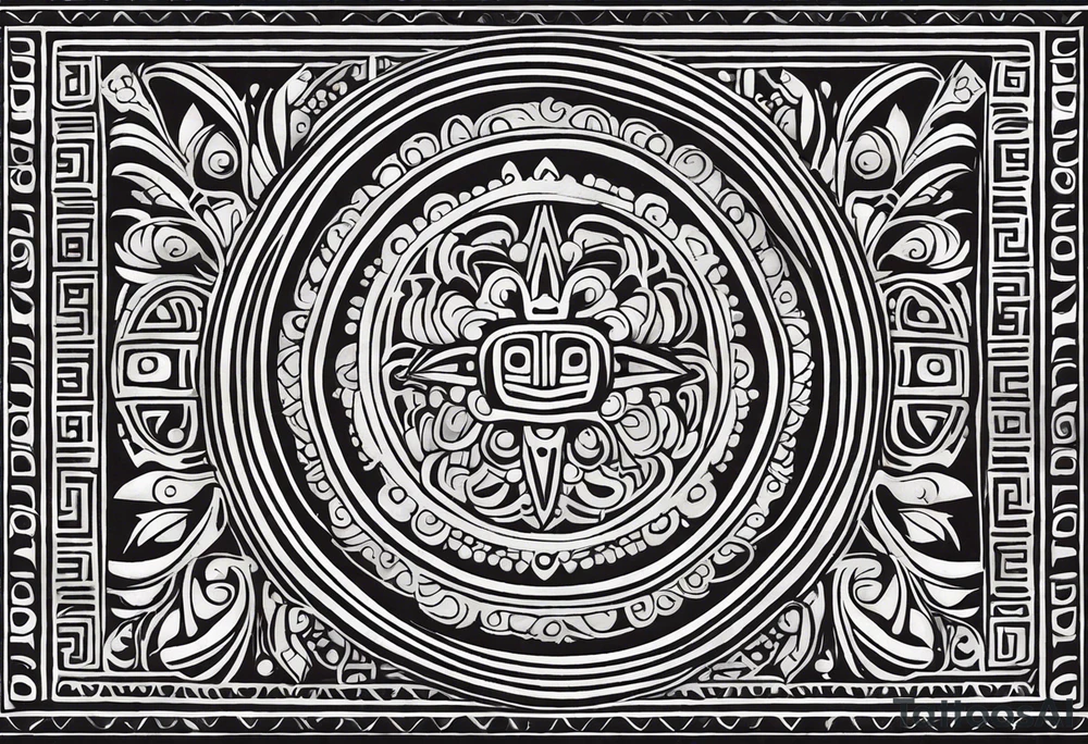 Create a masculine mayan tattoo design carved in stone featuring three flower buds of Gypsophila spp. The design should incorporate sharp, geometric patterns inspired by ancient Mayan glyphs and carvings, emphasizing strength and symmetry. The flower buds should be stylized with angular, bold lines, set within intricate, sacred Mayan motifs. The overall design should evoke harmony and balance, symbolizing the calming frequency of 432 Hz through symmetrical and flowing element tattoo idea