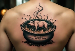 "Na kazdou svini se vari voda." — A boiling cauldron with a pig silhouette formed in steam, inked in dark greens and browns, and the quote spiraling upward. tattoo idea