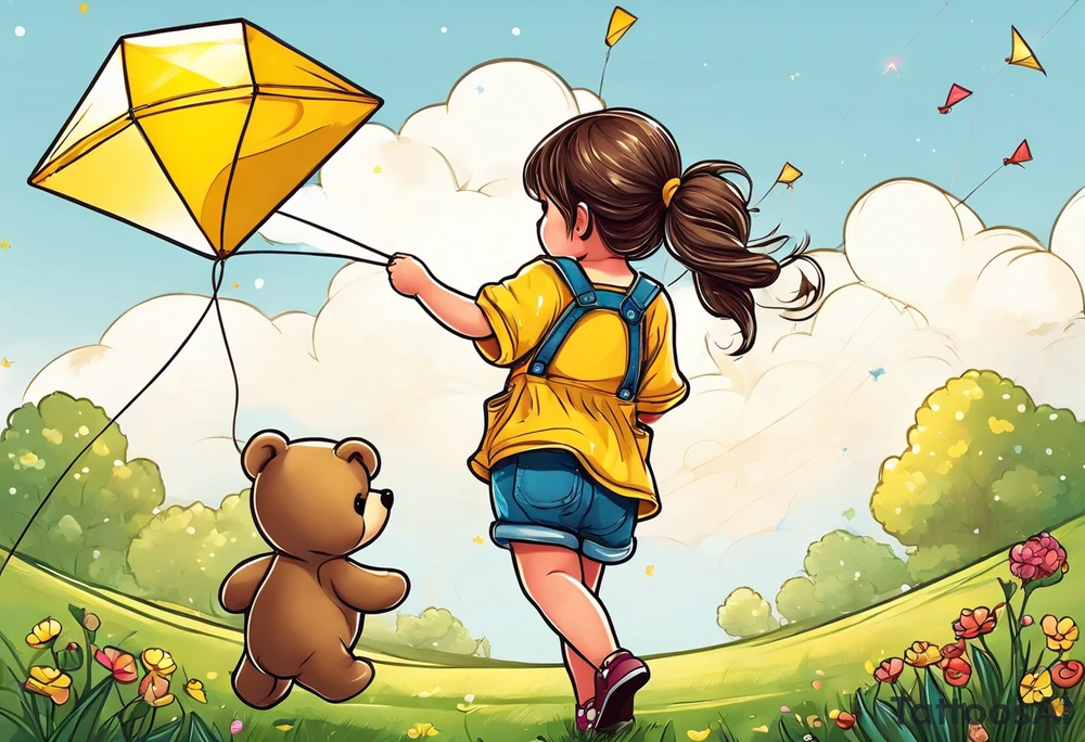 back image of a little girl flying a kite with a teddy bear in yellow overalls standing beside her tattoo idea
