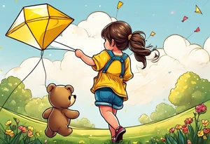 back image of a little girl flying a kite with a teddy bear in yellow overalls standing beside her tattoo idea