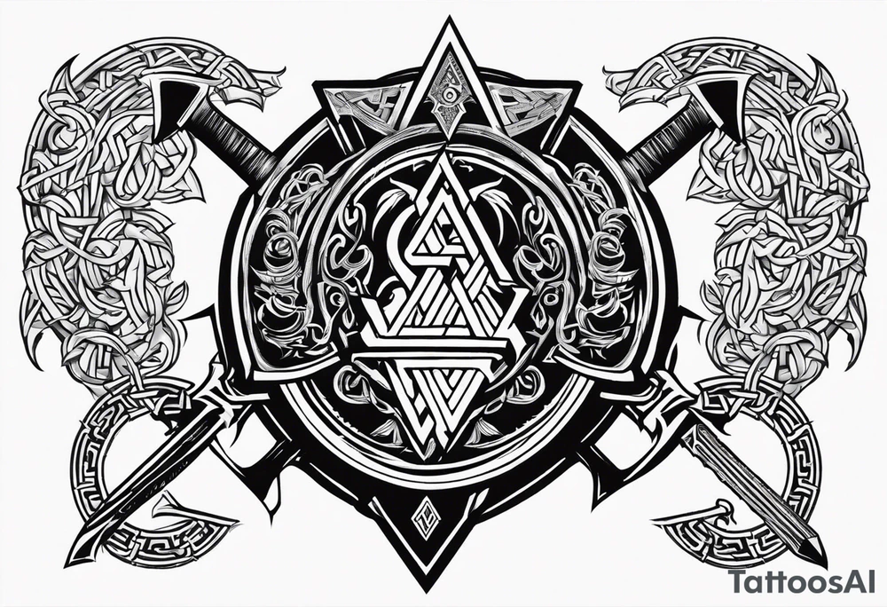 Valhalla sword shield axe Valknut chains tattoo idea