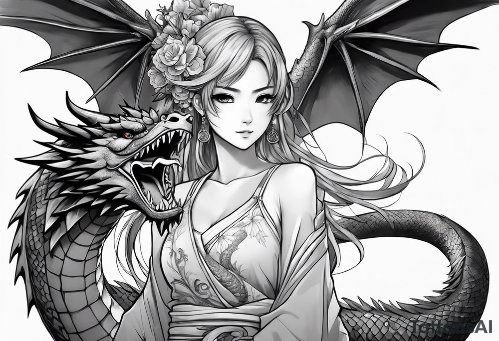 a full shot of an anime girl seen from far, surrounded by asian dragon with wings tattoo idea