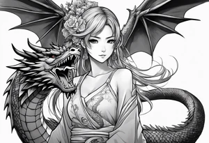 a full shot of an anime girl seen from far, surrounded by asian dragon with wings tattoo idea