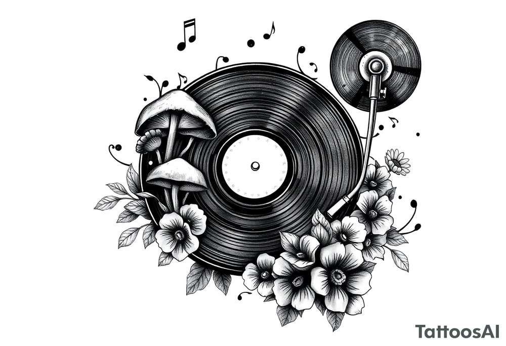 black and white vinyl record player with mushrooms, flowers, and music notes around it tattoo idea