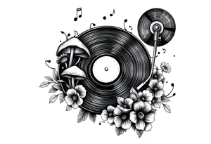 black and white vinyl record player with mushrooms, flowers, and music notes around it tattoo idea