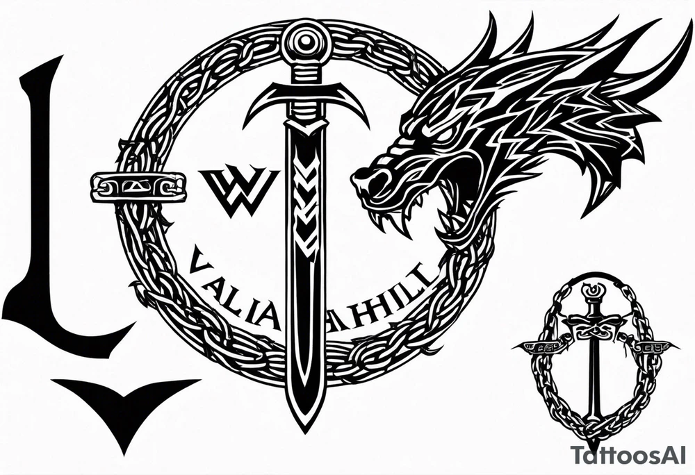 Valhalla sword shield dragon axe Valknut barbed wire chains tattoo idea Valhalla sword shield dragon axe Valknut barbed wire chains tattoo idea