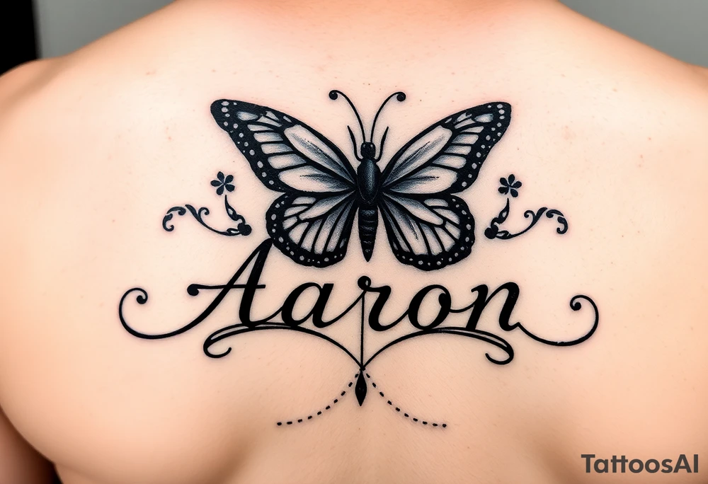 the name aaron with a butterfly and a semicolon , on the hand tattoo idea
