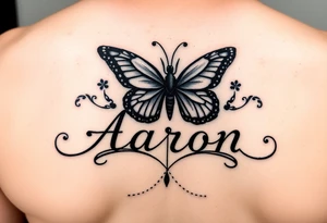 the name aaron with a butterfly and a semicolon , on the hand tattoo idea