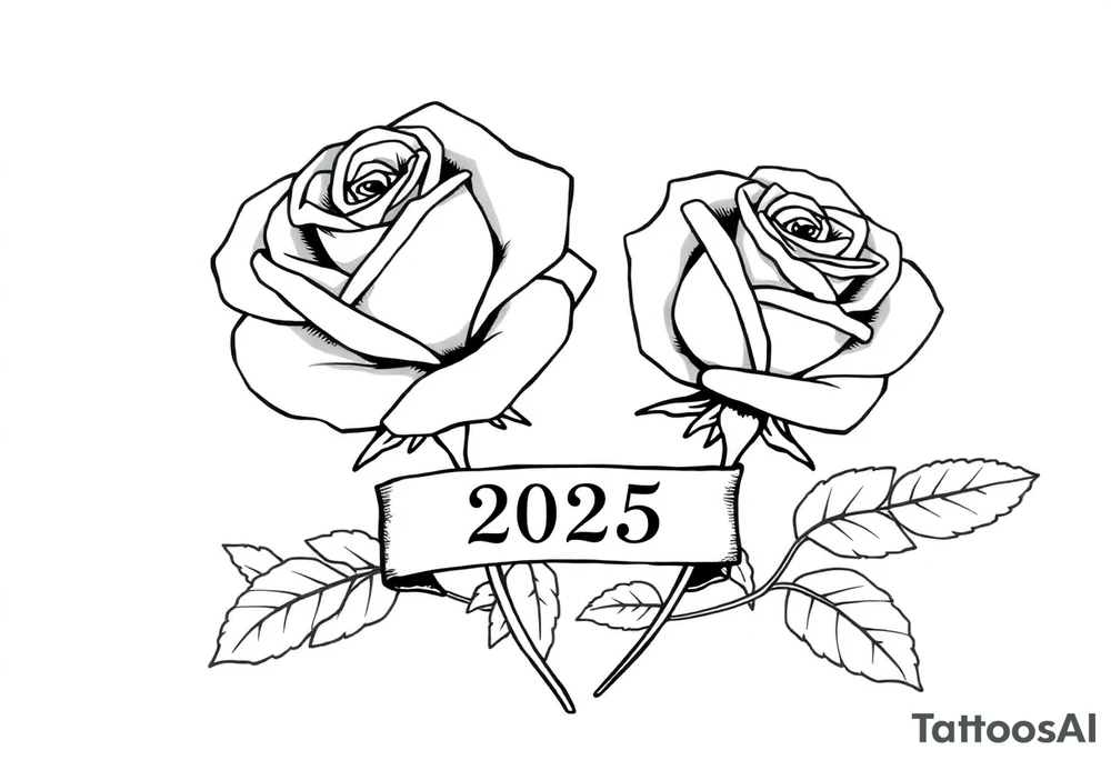 two beautiful large rose buds, one larger than the other, with lots and lots of leaves next to the rose buds, with one sitting slightly higher than the other, side-by-side.  Include a banner connecting the two roses with the year 2025 on it.   Use dark outlines with little shading. No stems tattoo idea
