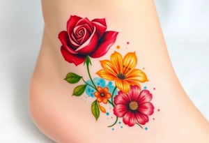 a colorful, vibrant, watercolor tattoo with one red rose, one orange lily, one gold marigold, and one orange cosmos flower and with splashes of color tattoo idea