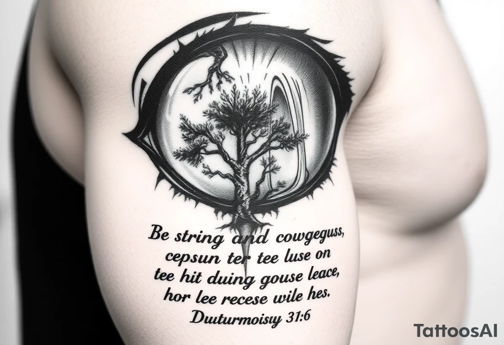 Eyeball with waterfall flowing out of it and under have a tree and under that have the verse Be strong and courageous. Do not be afraid or terrified
because of them, for the Lord your God goes with you; he will never leave you nor forsake you." Deuteronomy 31:6 tattoo idea
