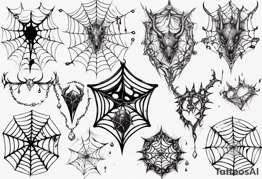 Jewel shaped tangled spiderweb with dragon horns and blood drops tattoo idea