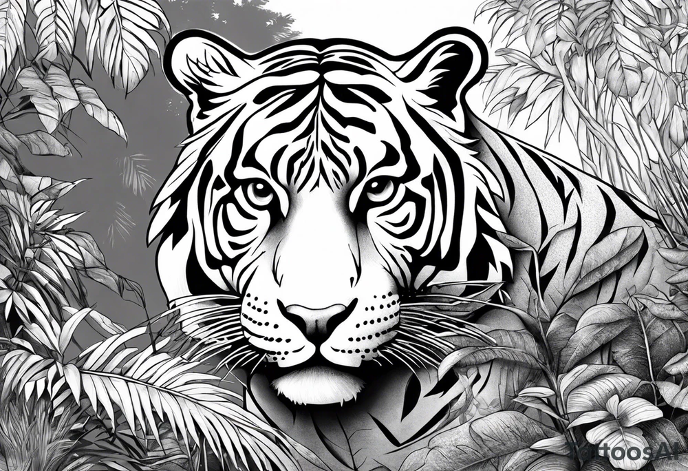 Calm strong tiger in the jungle and with jaguar in in a tree above tattoo idea