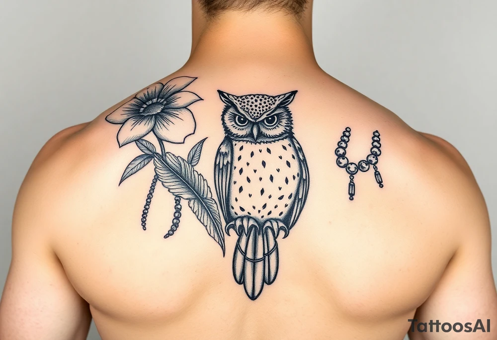 Flower, feather, Mardi Gras beads and a owl 
Arm sleeve tattoo idea
